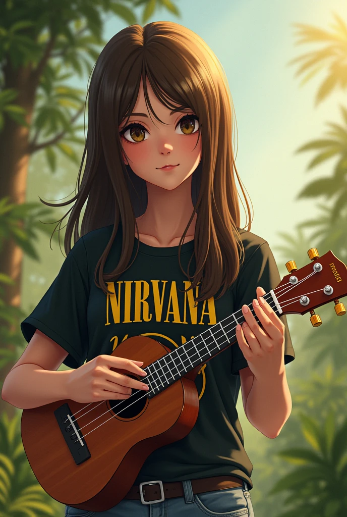 Generates a wearing a Nirvana t-shirt, brown eyes and brown hair, long straight playing a ukulele