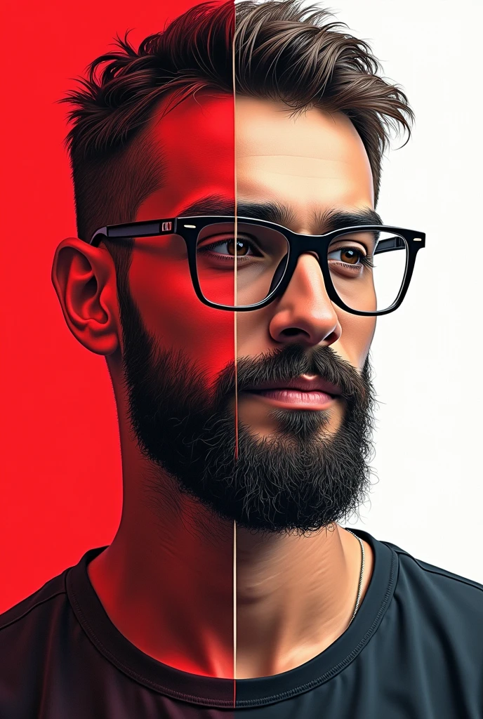 33 year old man, wearing glasses, short hair medium shaved and medium beard, with red and white background, in the drawing style of Alexander Rostov. I want an image that borders on abstractionism. The man&#39;s face is Brazilian with Italian and French features.