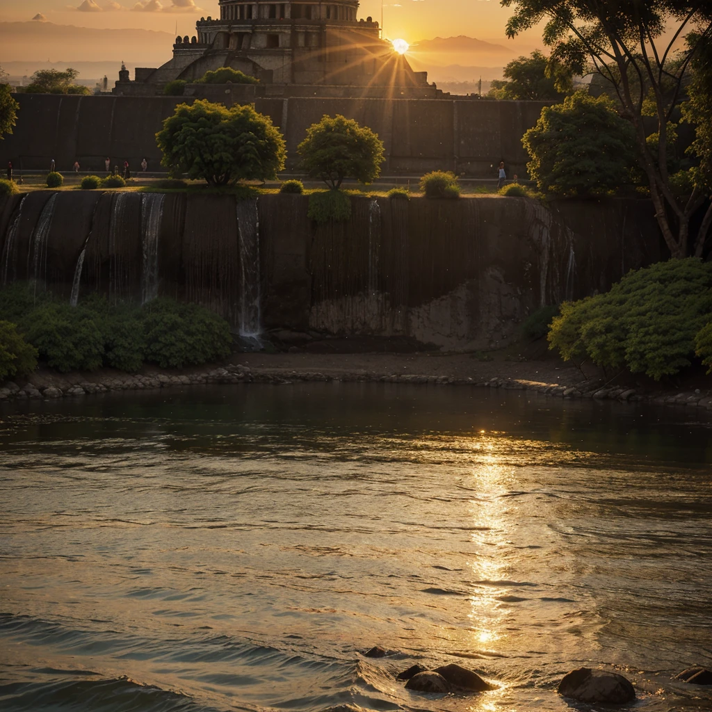 Landscape, sunset, sun, Tenochtitlan, HD, detailed, realistic, hyperrealistic,