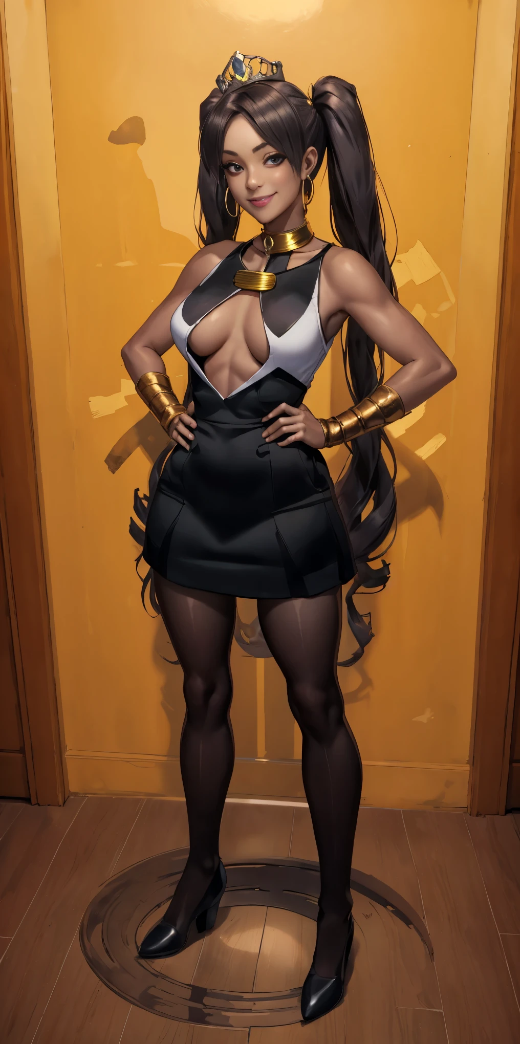 full body standing straight symmetrical, huge cowboy shot, solo 1MILF, lustful smirking smile face, looking at viewer, hands on hips, twintails, twin drills, dress, striped pantyhose, metal handcuffs on their hands with a black maetal slave collar around her neck, cowbell attached to the choker, sleeveless, black stockings, golden tiara