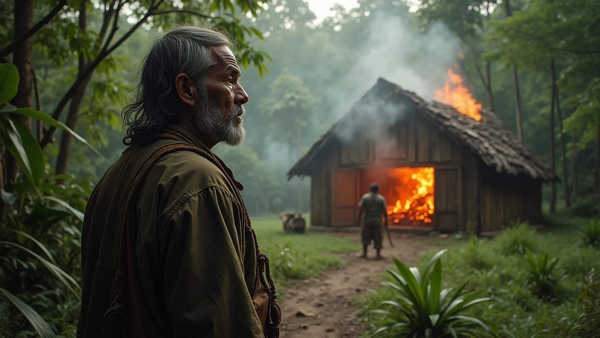 An Indonesian hunter stares at a burning wooden house with strangers in the woods during the day 8k  