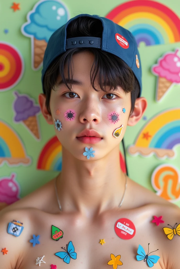 Foto realisitic de um cantor de kpop masculino coreano, jungkook BTS, 24 years, pale face, beautiful  face, face with rosy cheeks and freckles, Muscular and strong body, wearing a backwards cap, wearing no shirt, body with several stickers glued, stickers on your face too,  making cute poses, background with rainbow stickers, ice cream, lollipop, butterflys, concept Photo, realisitic, idol, close-up do rosto, facing the front ,cute face, rosto close-up 