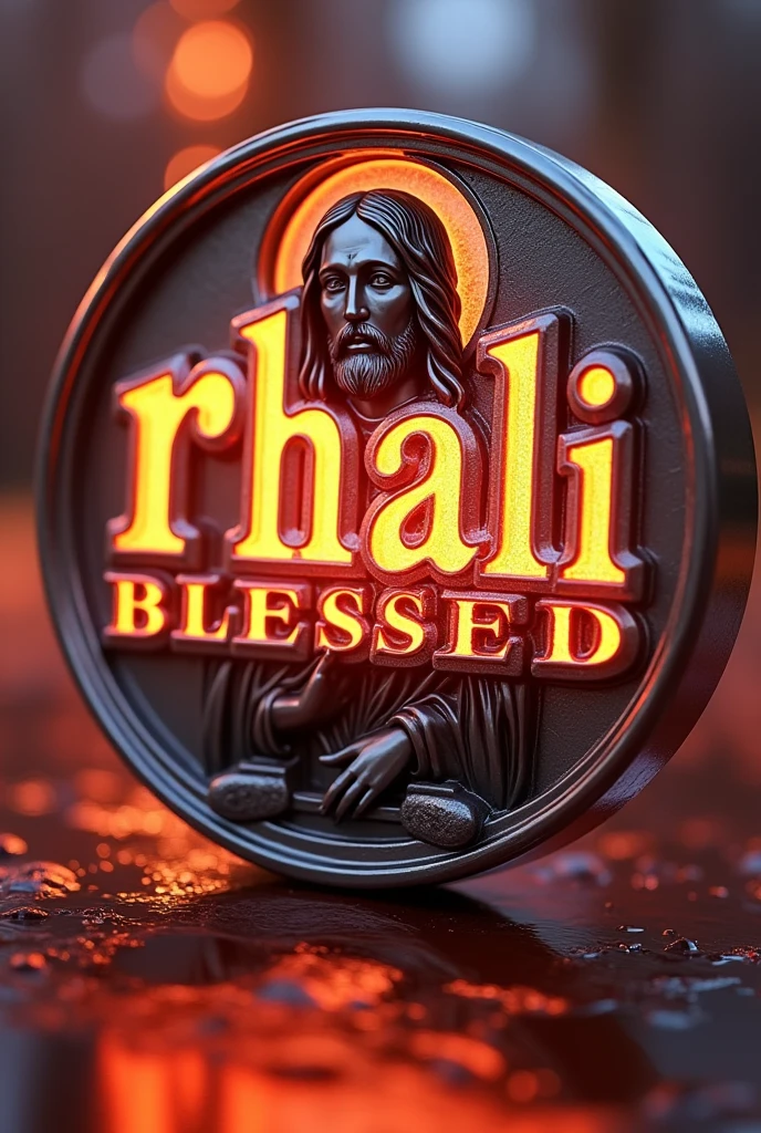 3D logo with name written "RHALI BLLESSED" there is a picture of the LORD JESUS behind the writing, round shape, emboss effect, stainless steel, artistic elegance, glowing efek.auto focus, warna logo stainless steel, background color BRIGHT