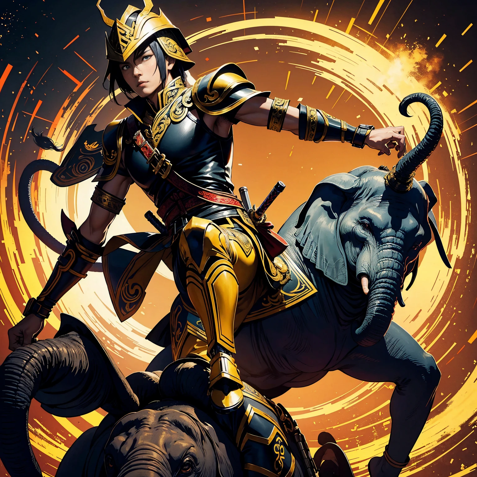 Thai character riding an elephant ,Thai Warrior Costume, Ready for battle, Inspiration from the Black Organization,Holding a weapon and wearing a Thai war helmet,Wear Thai armor for a discount,Have leadership,Yellow tones