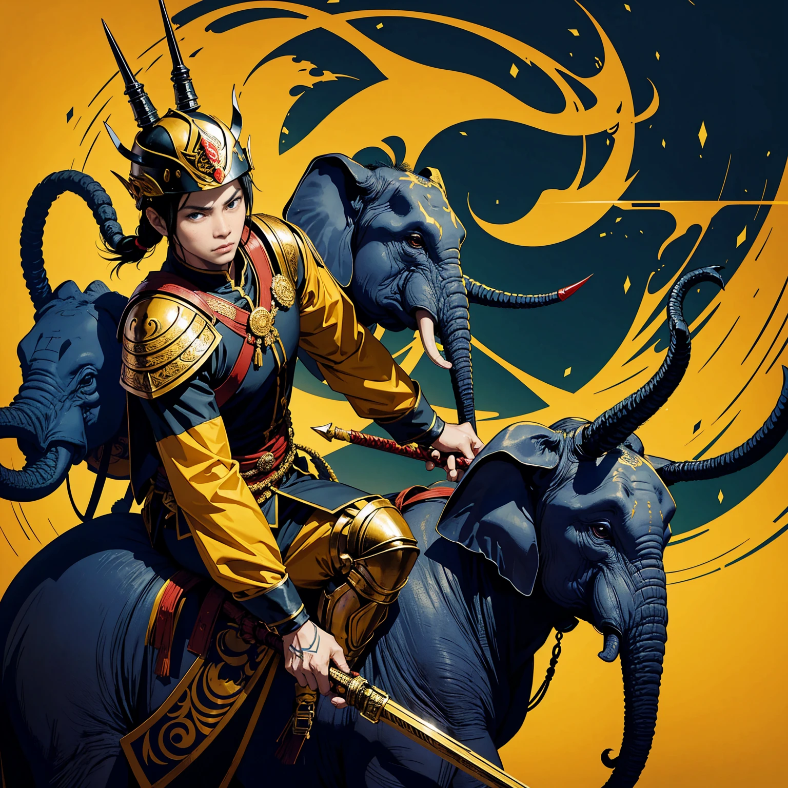 Thai character riding an elephant ,Thai Warrior Costume, Ready for battle, Inspiration from the Black Organization,Holding a weapon and wearing a Thai war helmet,Wear Thai armor for a discount,Have leadership,Yellow tones
