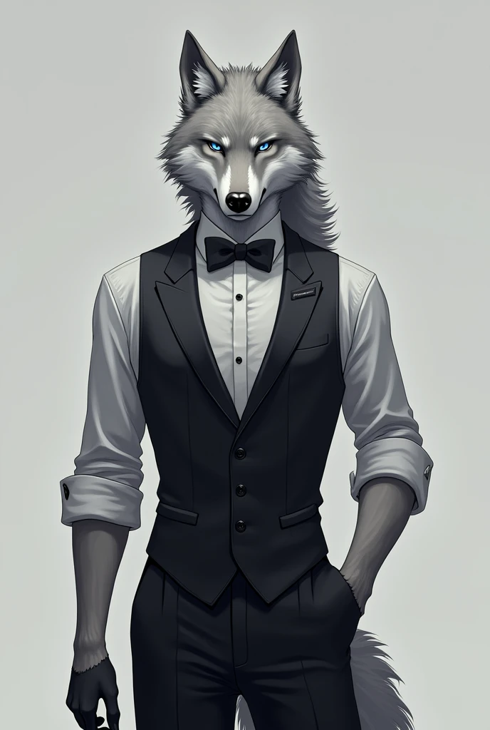Male, Roblox, Furry, Grey fur, Grey wolf ears, Blue eyes, butler's uniform