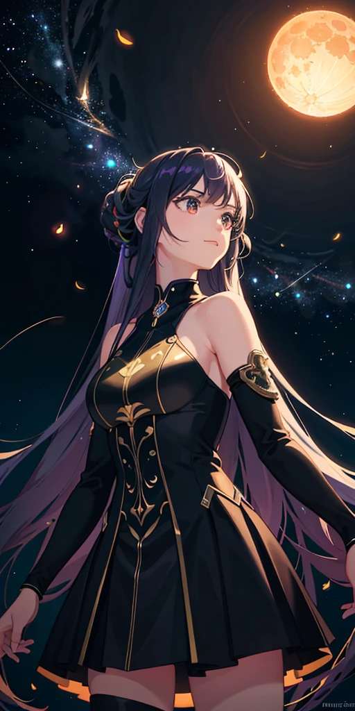 Vast landscape photo, (viewed from below, the sky is above and the open field is below), a girl standing on a flower field looking up, (full moon: 1.2), (meteor: 0.9), (nebula: 1.3), distant mountains , Trees BREAK Crafting Art, (Warm Light: 1.2), (Fireflies: 1.2), Lights, Lots of Purple and Orange, Intricate Details, Volumetric Lighting, Realism BREAK (Masterpiece: 1.2), (Best Quality), 4k, Ultra-Detailed, (Dynamic Composition: 1.4), Very Detailed, Colorful Details, (Rainbow Colors: 1.2), (Glow Lighting, Atmospheric Lighting), Dreamy, Magical, (Solo: 1.2)
