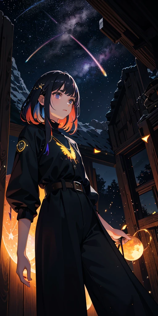 Vast landscape photo, (viewed from below, the sky is above and the open field is below), a girl standing on a flower field looking up, (full moon: 1.2), (meteor: 0.9), (nebula: 1.3), distant mountains , Trees BREAK Crafting Art, (Warm Light: 1.2), (Fireflies: 1.2), Lights, Lots of Purple and Orange, Intricate Details, Volumetric Lighting, Realism BREAK (Masterpiece: 1.2), (Best Quality), 4k, Ultra-Detailed, (Dynamic Composition: 1.4), Very Detailed, Colorful Details, (Rainbow Colors: 1.2), (Glow Lighting, Atmospheric Lighting), Dreamy, Magical, (Solo: 1.2)