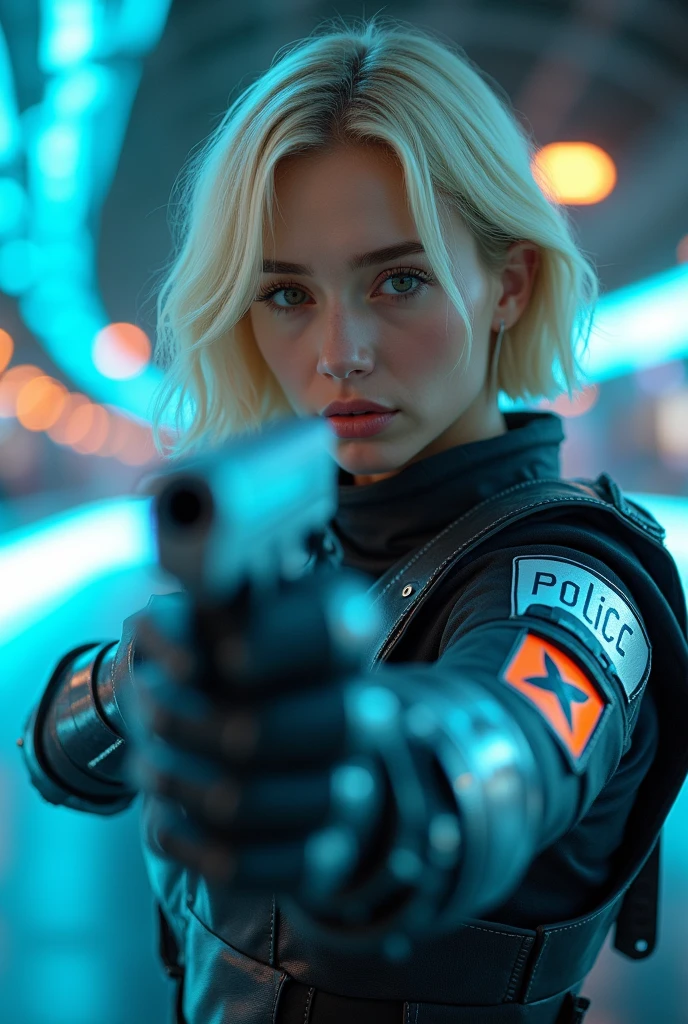 a europian british girl, ,blue eyes, Blonde both side ponytails,cleavage,navel,dark blue dress,dark blue pant,smile,cyberpunk background, holding pistol