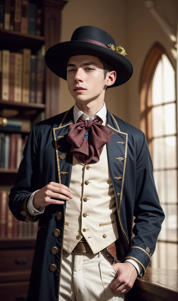 Timochar 2024, 1 boy, matrix, 17th century clothing, white ascot, period, Steampunk, P&#39;s Lie, Robotic Arm, Ultra HD, best quality, masterpiece, Hot topics on Arstation, rtx on, Reflection, Dramatic Lighting, Movie Lighting, Depth of Field, Smile, Gothic