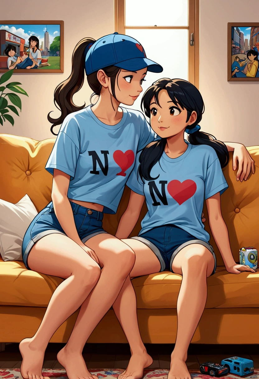 Name "FreenBecky Forever" in a fun, very colorful, 3d graffiti style font and create an idyllic Anime/Comic style image of two young women in love, sitting on a couch watching TV, one is a beautiful Asian girl with long black hair tied in a ponytail and is wearing a petrol blue baseball cap with the letters "NY" intertwined as decoration, a white short-sleeved t-shirt and blue jean shorts, she is barefoot. Next to her is her love, a beautiful British girl with loose, semi-short light brown hair and who is dressed in a light colored short-sleeved t-shirt and light colored wide long pants, she is barefoot too, they are enjoying the moment together, relaxed, they share a blanket with much love and tenderness.