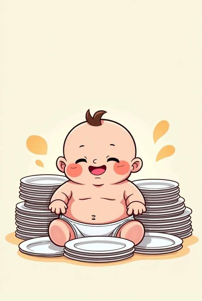 chibi,plump child, swollen belly, piles of empty plates, happy expression, baby clothes, anime, manga, funny