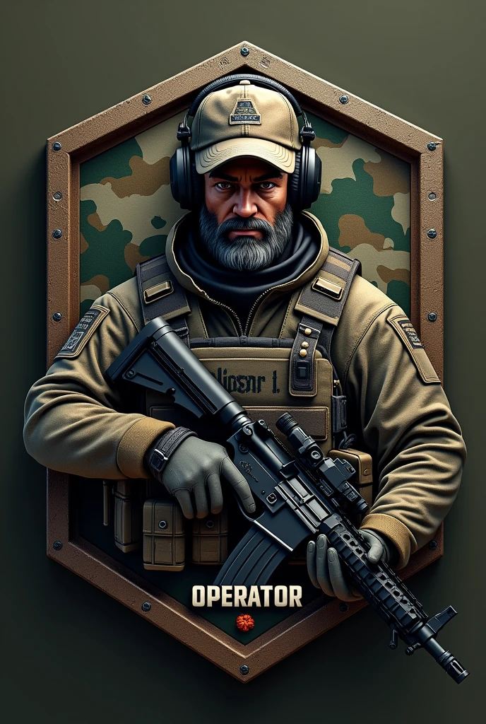 Create Cliché, Rubber patch, hexagonal coat of arms shield with the name Lukinha Airsoft and operator therefore an m4 rifle with a cap and headset with a camouflage background