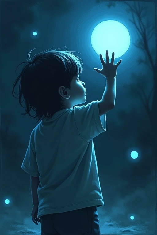 ((Highest quality)), ((masterpiece)), (detailed), night,横を向いている人間の4 year old boyの子,eyes are hidden by bangs,Another picture of a boy from behind,is reaching his hand up,Many small light-blue balls are flying around,Horror,A painting that looks like it was painted with watercolors,4 year old boy,Fantasy,mysterious