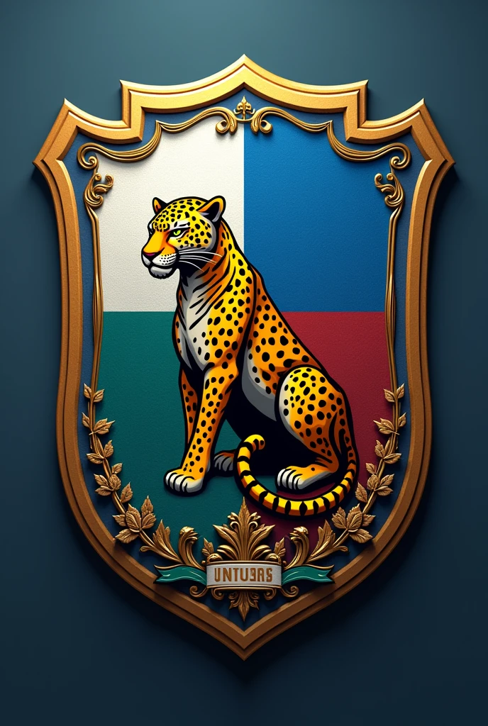 create a team shield with white colors, blue and gold with the flag of Amazonas with a jaguar saying “United of Texas”