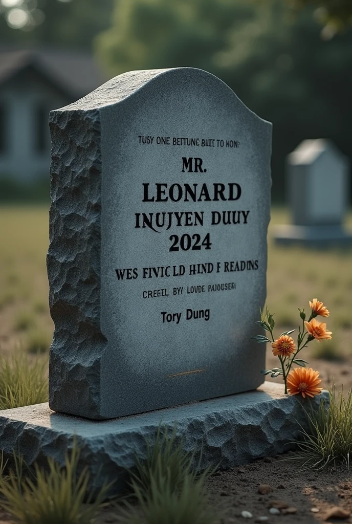  grave headstone for Mr Leonard Nguyen Dung, born 1976 and passed on 2024, survived by Daughter Tory Dung. Flowers beside the headstone and barely watered grass around. 