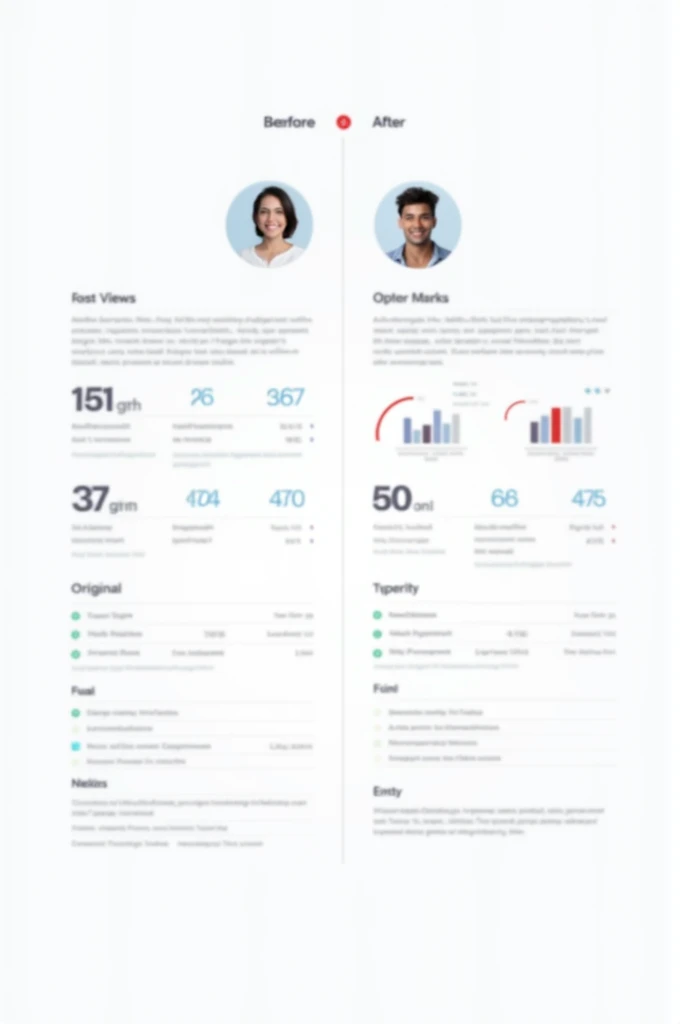 Create an image featuring a before-and-after comparison of a freelancer’s profile. On the left, show the original profile with less engagement, and on the right, the optimized profile with increased views and job invitations. Include graphs or metrics that demonstrate the improvement, with a clean and professional design to highlight the transformation.