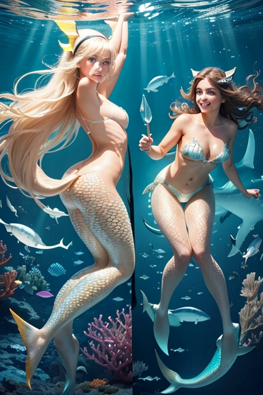 A sexy young 13-yr old Australian charming girl Full body detailed anatomy, perfect face details,((brown skin tone texture)) (( wearing illuminating a shark head band))(( wearing transparent illuminating shark mermaid costume sexy full body detailed anatomy )), wearing illuminating transparent twovpiece shark details on skin, wearing scally shark like skin texture body, lifting up plump pussy , wavy short illuminating gold & gemstone hairstyles from the flow water, ((having shark fin tails instead of toes))( shark fins ears))(shark skin arms, torso, bottom, face, neck, shoulder & legs))((showing face near camera)) (accurate details of hands & fingers)) Exposed hard big errect nipples, open legs squat position, exposed pussy line, exposed panties, exposed pussyline, smiling with teeth exposed. Sparkling gray eyes, charms, face details & fucos skin texture colored white, swimming under the atmosphere ocean wave and air bubles different lighting effects around the background, showing corals, urchins, fish, turtle, whale, bubbles of air for accurate background masterpiece ((with illuminating transparent crystal gemstone shark like scales skin textured all over her body)) ((with gills))((holding a treasure trident)) full details of accessories and props))swimming with ocean current waves under the sea,( many different perspective view character profile, front view, side view, rear view, of same face & clothing girls posing deferent angle))(( perfect details of mermaid body and tail fin anantomy))