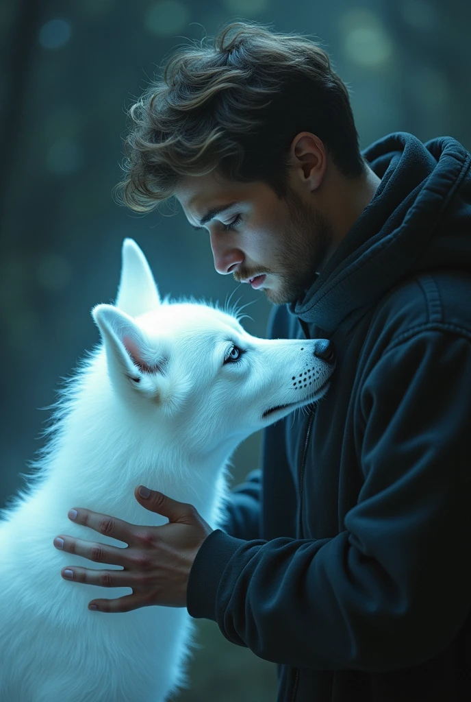 an image of a ghost husky dog and its owner a young man with light hair, light eyes and light skin crying over the death of his pet husky el espíritu fantasmal de un husky husky trasparente el muchacho tenga barba y cabello castaño claro el husky trasparente