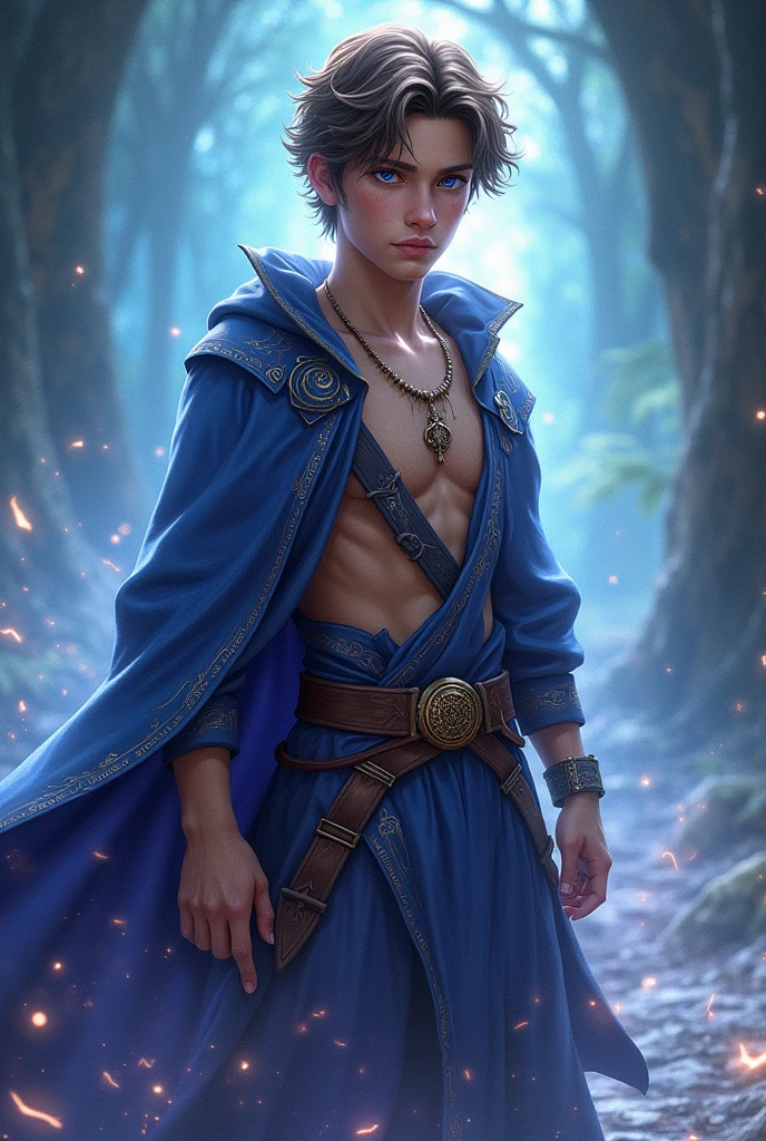 Create a character with the following characteristics:
A teenage boy, with tanned skin, brown hair, violet eyes and a well-toned body, who is a wizard.