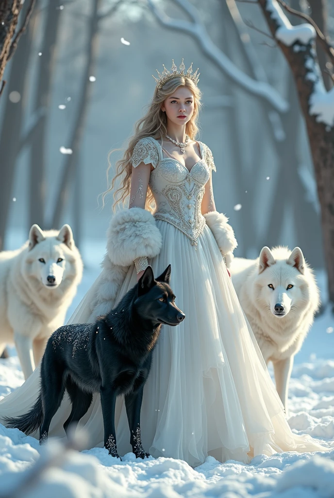 Princesa de invierno, PERRO NEGRO, USANDO VESTIDOS BLANCOS DE PRINCESAS, invierno, Nevando, Naturaleza, RODEADO DE LOBOS BLANCOS,8k, fantasy, resolution conceptual portrait by Greg Rutkowski, Artgerm, WLOP, Alphonse Mucha dynamic lighting hyperdetailed intricately detailed Splash art trending on Artstation triadic colors Unreal Engine 5 volumetric lighting",