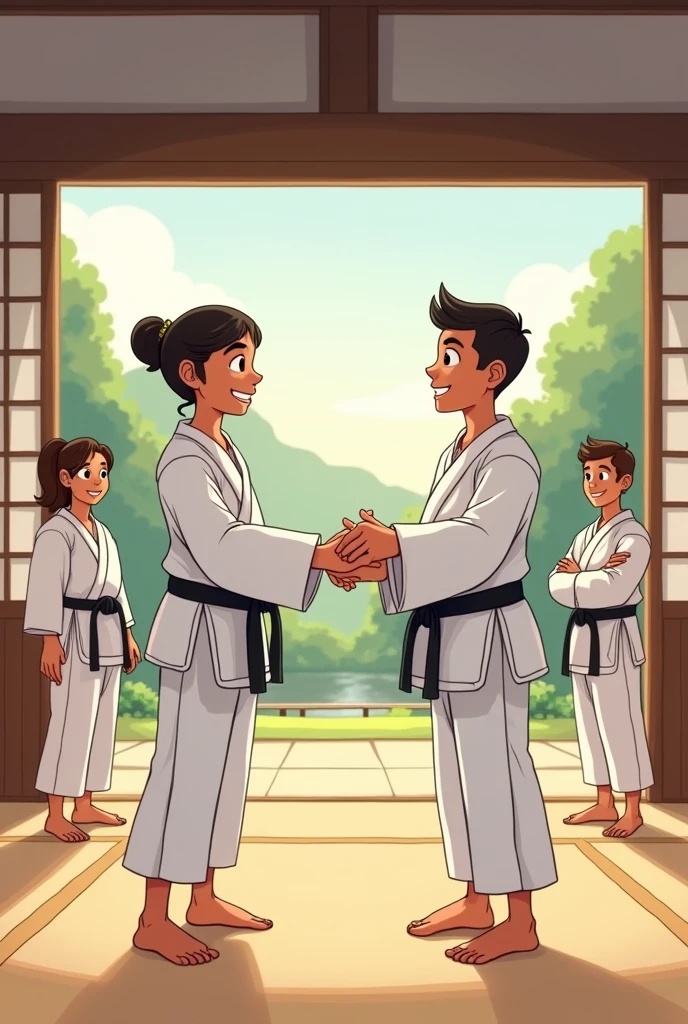 Simple cartoon style illustration of martial artists making friends in a dojo