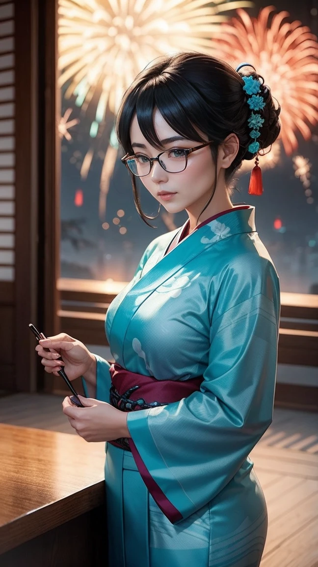 Gorgeous turquoise yukata Fireworks set off in the background Mature Woman Rimless glasses Black hair chignon Chinese Idol