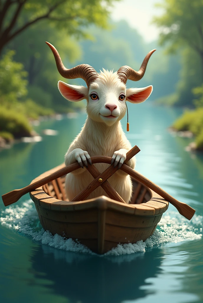 Ek bakari (goat) nav me baith kar nadi par kar Rahi aur khud nav chala rahi hai