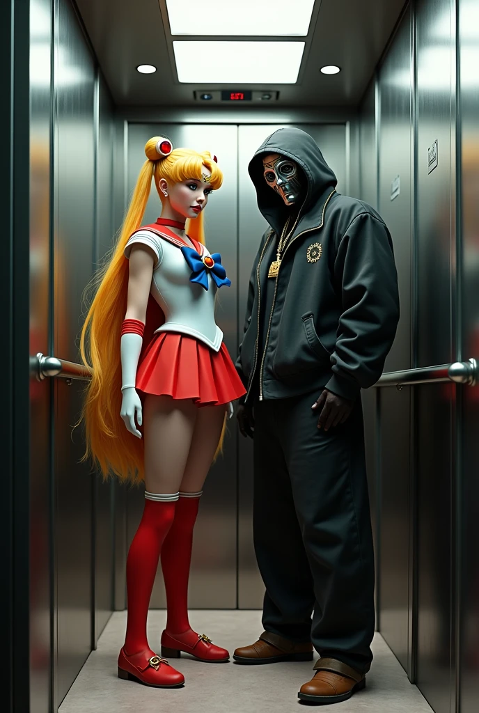 Create sailor moon and mf doom posing in an elevator 