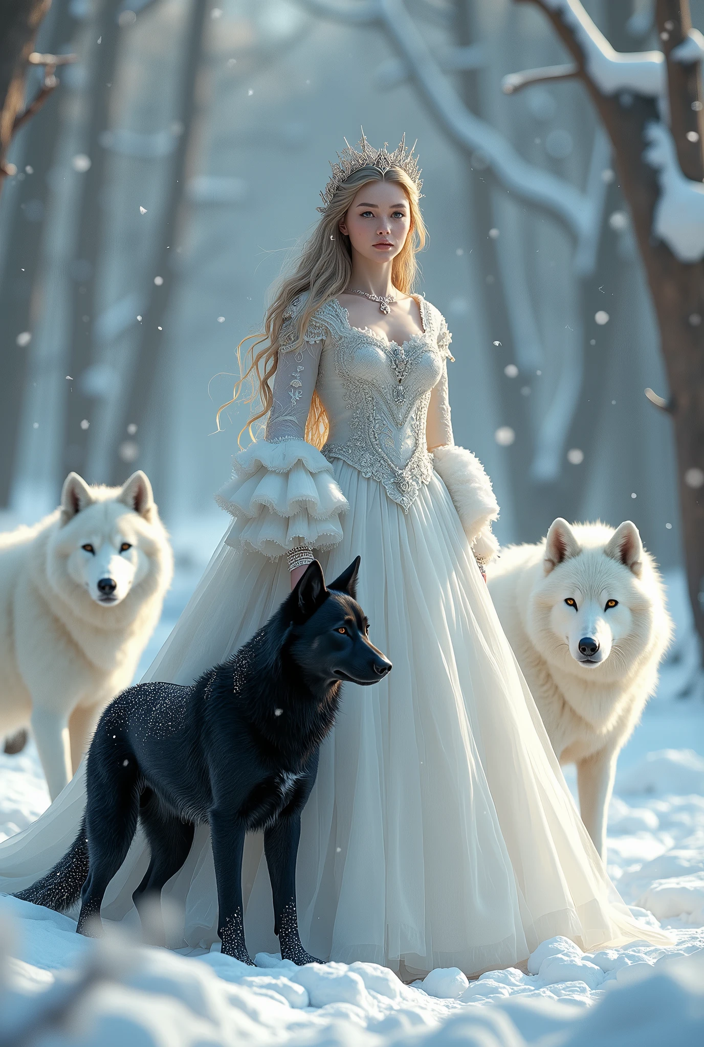 Princesa de invierno, PERRO NEGRO, USANDO VESTIDOS BLANCOS DE PRINCESAS, invierno, Nevando, Naturaleza, RODEADO DE LOBOS BLANCOS,8k, fantasy, resolution conceptual portrait by Greg Rutkowski, Artgerm, WLOP, Alphonse Mucha dynamic lighting hyperdetailed intricately detailed Splash art trending on Artstation triadic colors Unreal Engine 5 volumetric lighting",