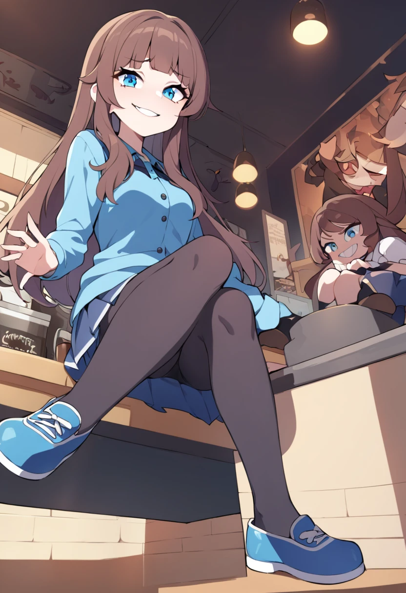 Girl, Mabel pains, gravity falls, reverse falls, reverse mabel, brown hair, long hair, blue shirt, tights, blue skirt, short skirt, blue shoes, blue eyes, blue bezel in hair, confident smile, arrogant look, sitting in a cafe, evil smile, solo, foot focus