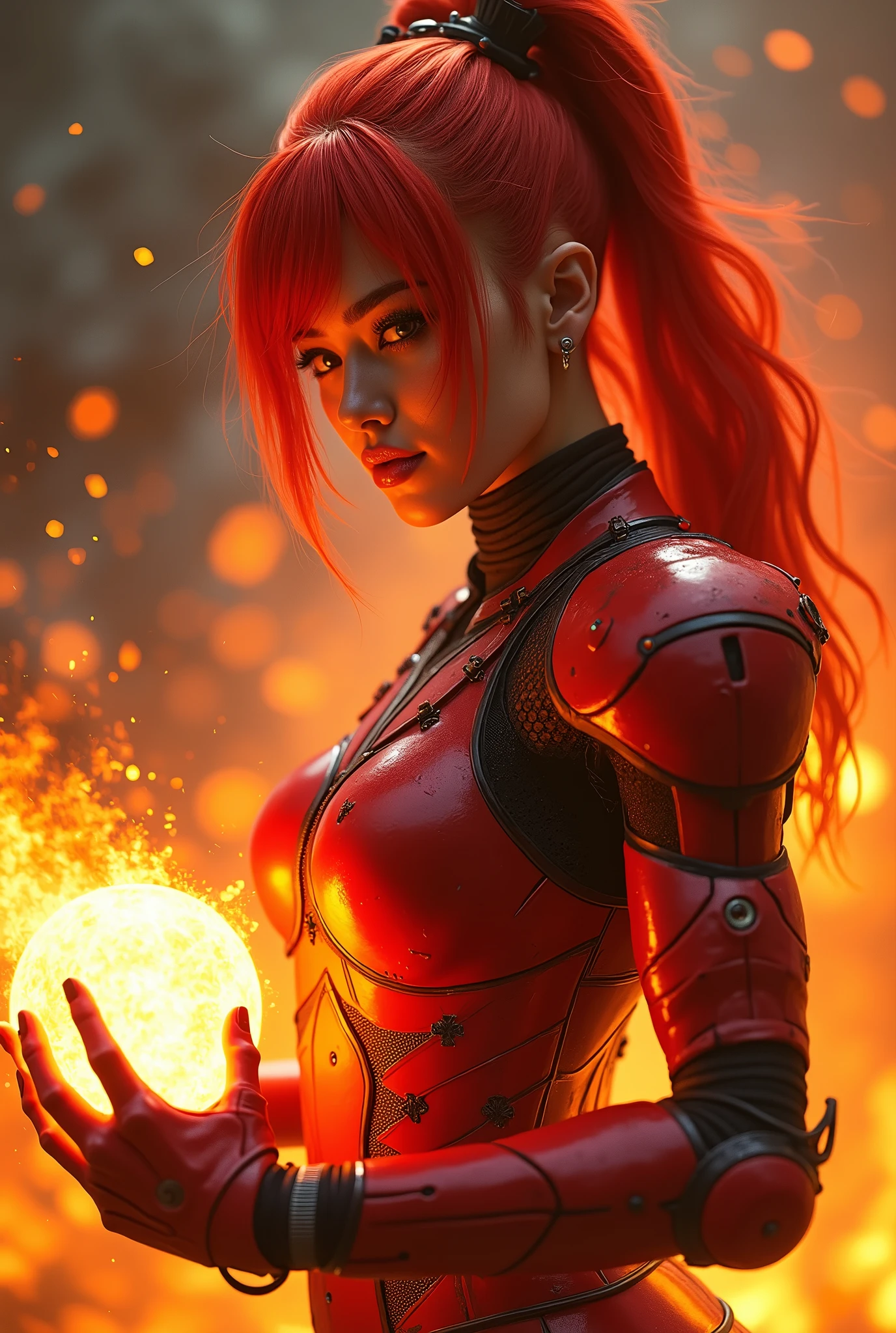 In this Armored Core-inspired masterpiece, a stunning woman dons ninja robot armor, her bright red hair styled with a hint of randomness amidst the fiery chaos. Her red and orange body glows like embers as she prepares for battle in a cowboy shot. Flames and ash engulf the background, with burning intensity rating 2.0. The woman's face, detailed to a high standard (1.3), is set with determination. Her hands, intricately rendered at level 1.8, cradle a ball of fiery energy as electronic armor parts glow. Flashy special move effects radiate with an equally impressive 2.0 intensity.