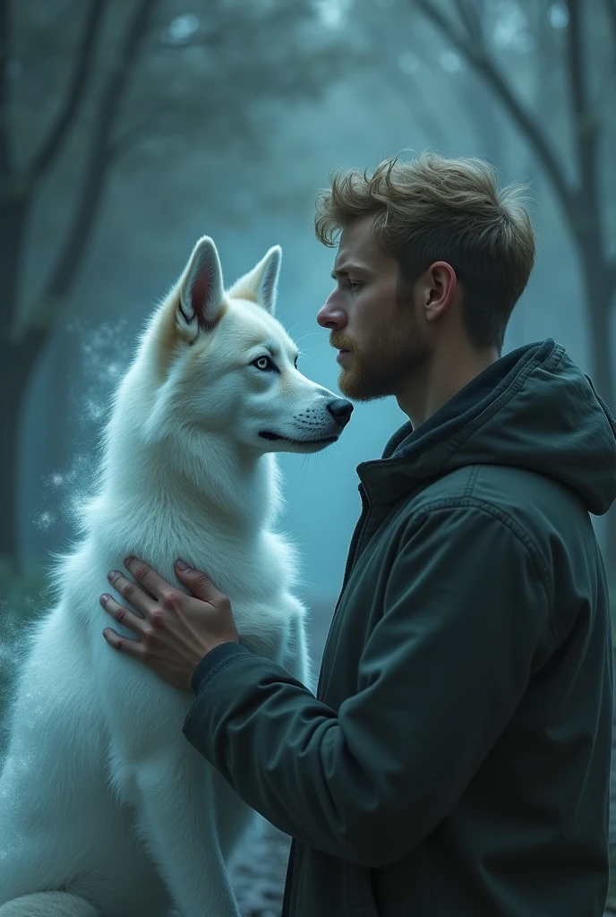 an image of a ghost husky dog and its owner a young man with light hair, light eyes and light skin crying over the death of his pet husky el espíritu fantasmal de un husky husky trasparente el muchacho tenga barba y cabello castaño claro el husky trasparente