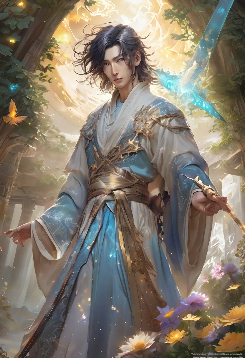 masterpiece,1 male,aldult,Beautiful face,young,advanced,Antique theme,Fairies,Ancient costumes,holding sword,Sunlight, enchanted garden,Long hair flying,Sunlight,Background style,breeze blowing,Loose robe,fantasy landscape,Starlight around the character,(whole body),(first-person view, pov, UHD, retina, masterpiece, ccurate, anatomically correct, textured skin, super detail, award winning, 8k)