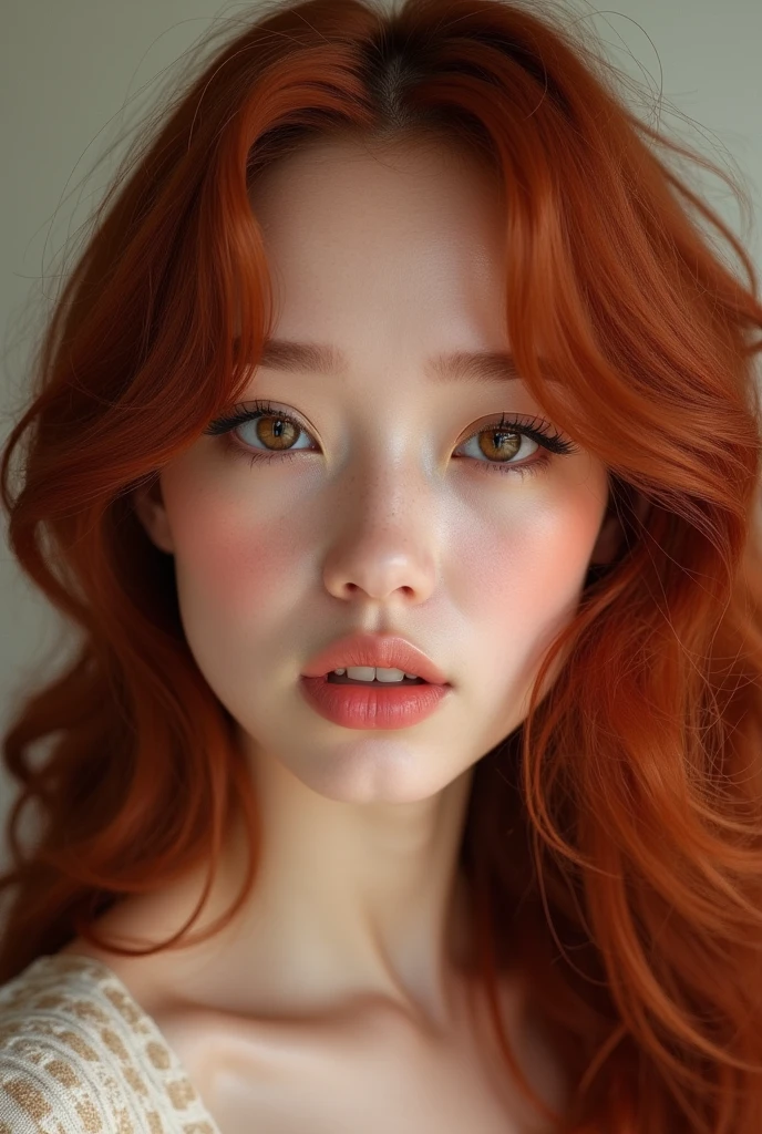 A white woman with hair dyed a natural dark copper red, long and very curly, rosto angelical, chubby and round face, very beautiful, brown eyes, small and round mouth, slightly large cheeks, round eyes, big eyelashes, small and cute nose, oval cheese, sculptural body, use well-defined eyeliner
