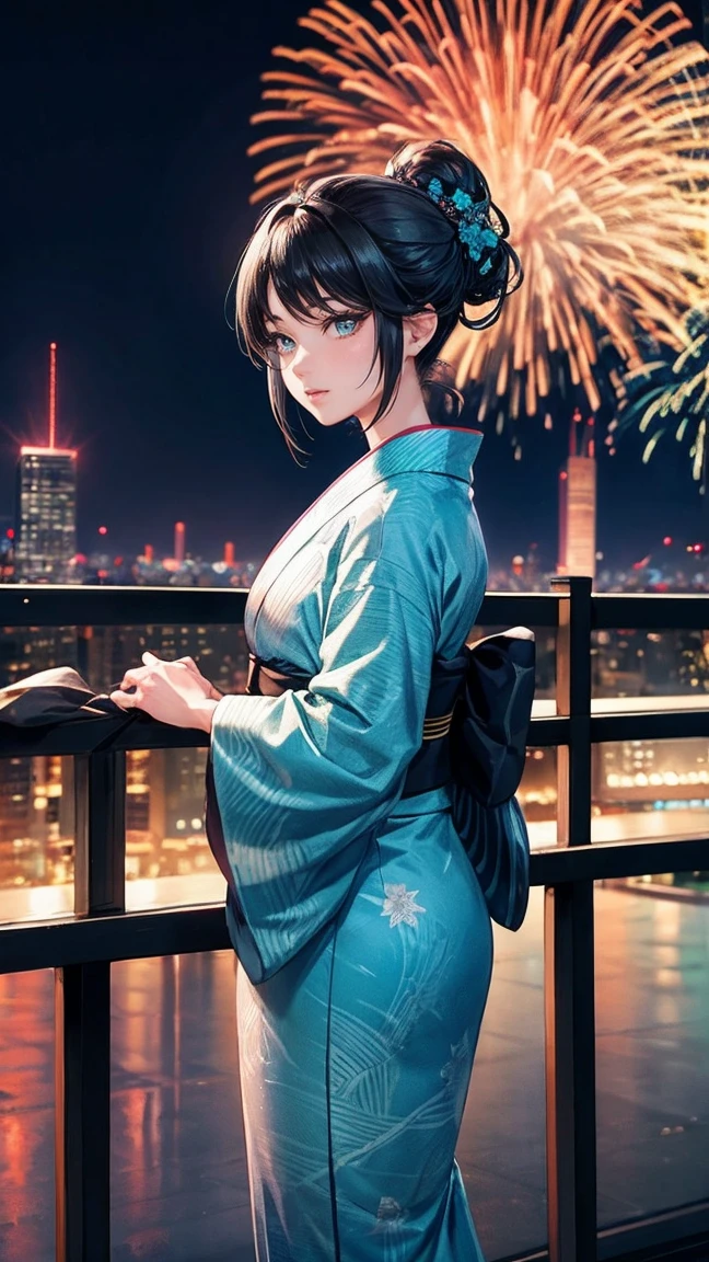 Skyscraper rooftop　Fireworks set off in the background　Mature Woman　Black hair chignon　A vibrant turquoise yukata