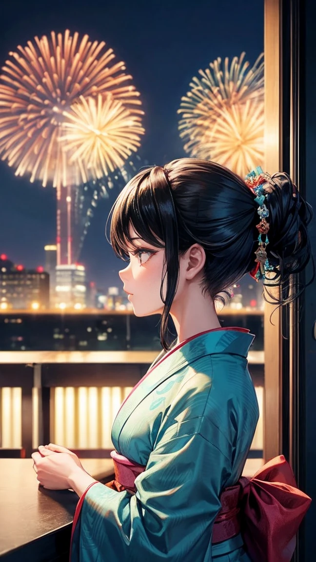 Skyscraper rooftop Fireworks set off in the background Mature Woman Black hair chignon A vibrant turquoise yukata