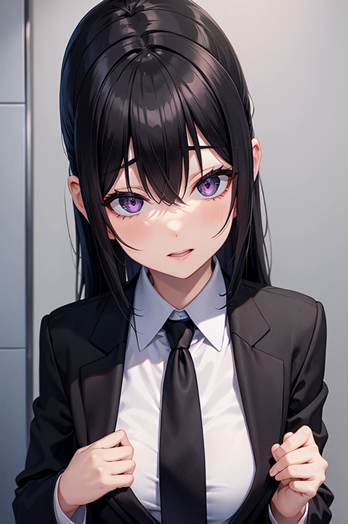 A woman in a black suit　Ahegao　tie