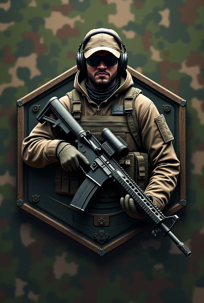 Create Cliché, Rubber patch, hexagonal coat of arms shield with the name Lukinha Airsoft and operator therefore an m4 rifle with a cap and headset with a camouflage background