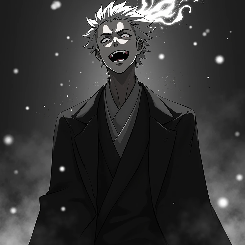 anime styling, Toji Fushiguru, Jujutsu Kaisen, black andwhite, magnificent, cinematic shading, CG anime, giggling, Efeitos