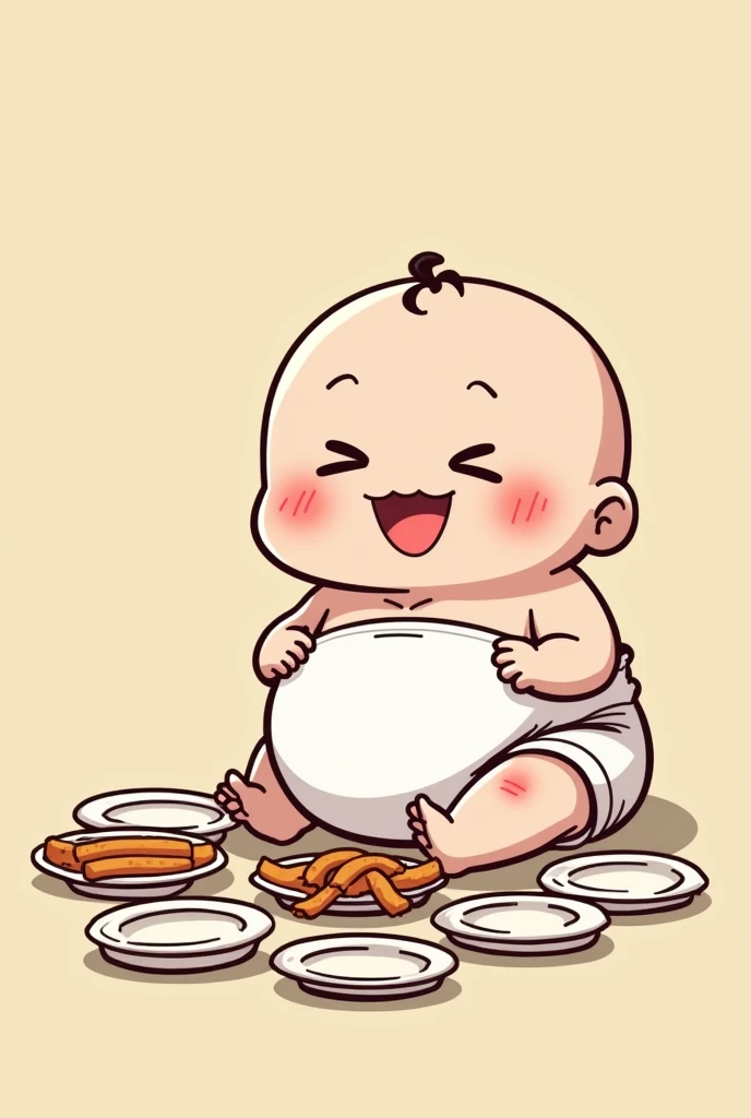chibi, plump child, swollen belly, piles of empty plates, happy expression, baby clothes, anime, manga, funny