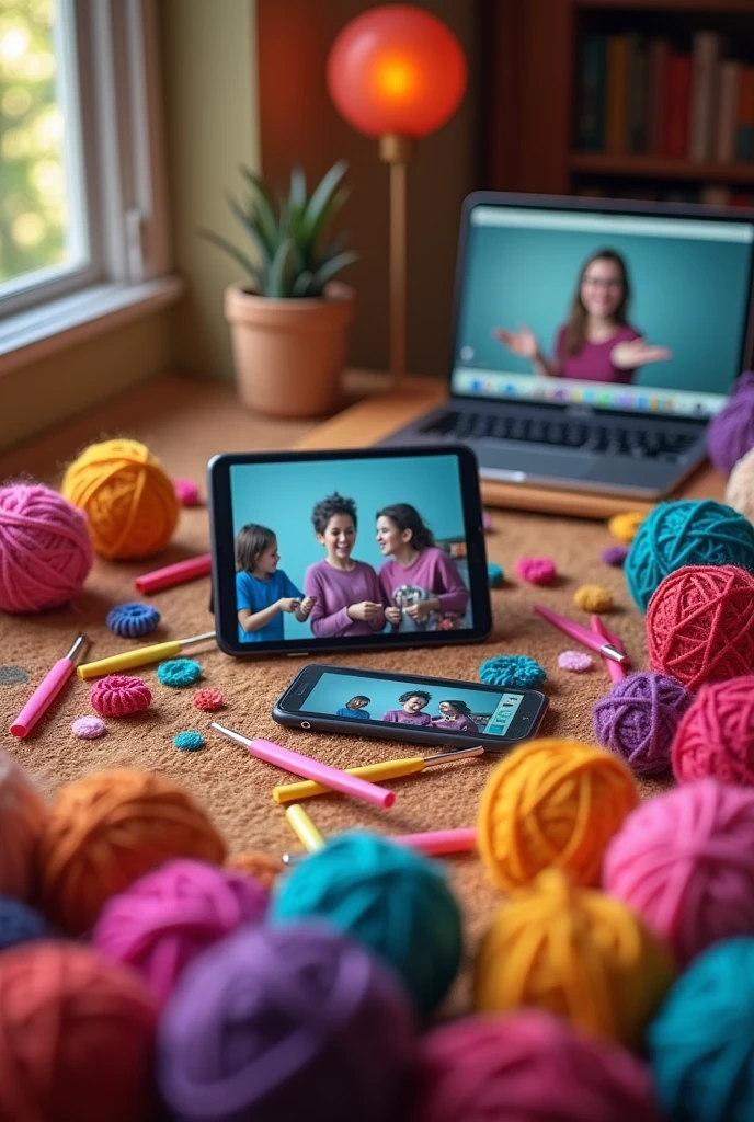 "A background scene filled with colorful yarns, perfect for making amigurumis, suggesting the setting of an online course. Various balls of yarn in bright, vibrant colors are spread across the surface, with crochet hooks placed neatly among them. The scene prominently features three devices: a smartphone, a tablet, and a laptop, all positioned as if being used for an online tutorial or class. The devices display screens that hint at video calls, instructional content, or patterns, reinforcing the online learning theme. The workspace feels cozy and creative, ideal for a virtual crochet class.",
"size": "1024x1024"