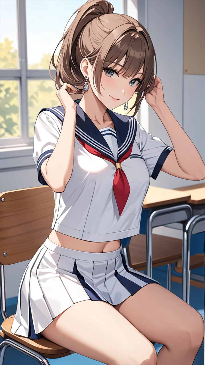 Highest quality masterpiece High resolution masterpiece Brown Bob Grey Eyes, high pony tail cut, wearing sailor uniform, seductive smile, tight, sit on chair, classroom, mature female, adjusting hair, earrings,