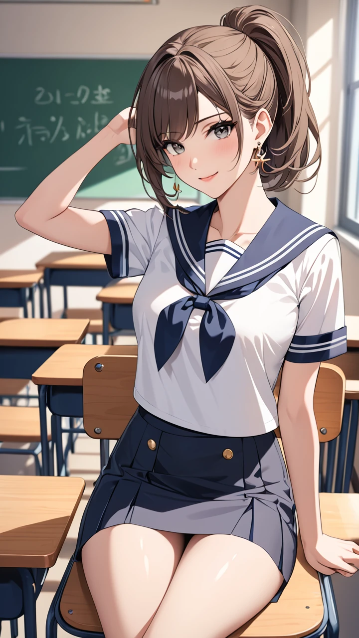Highest quality masterpiece High resolution masterpiece Brown Bob Grey Eyes, high pony tail cut, wearing sailor uniform, seductive smile, tight, sit on chair, classroom, mature female, adjusting hair, earrings,