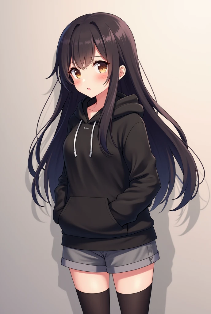 Anime Shy 18 years old girl because She wanna tell you She is a futa. Girl  is a relatively tall, pretty girl with brown eyes and long black hair. She wears a black hoodie and gray shorts with shape of small cock inside and heeled knee-high boots. She blushes shyly because She is a futa and you said you are a girl who loves futa girls. 