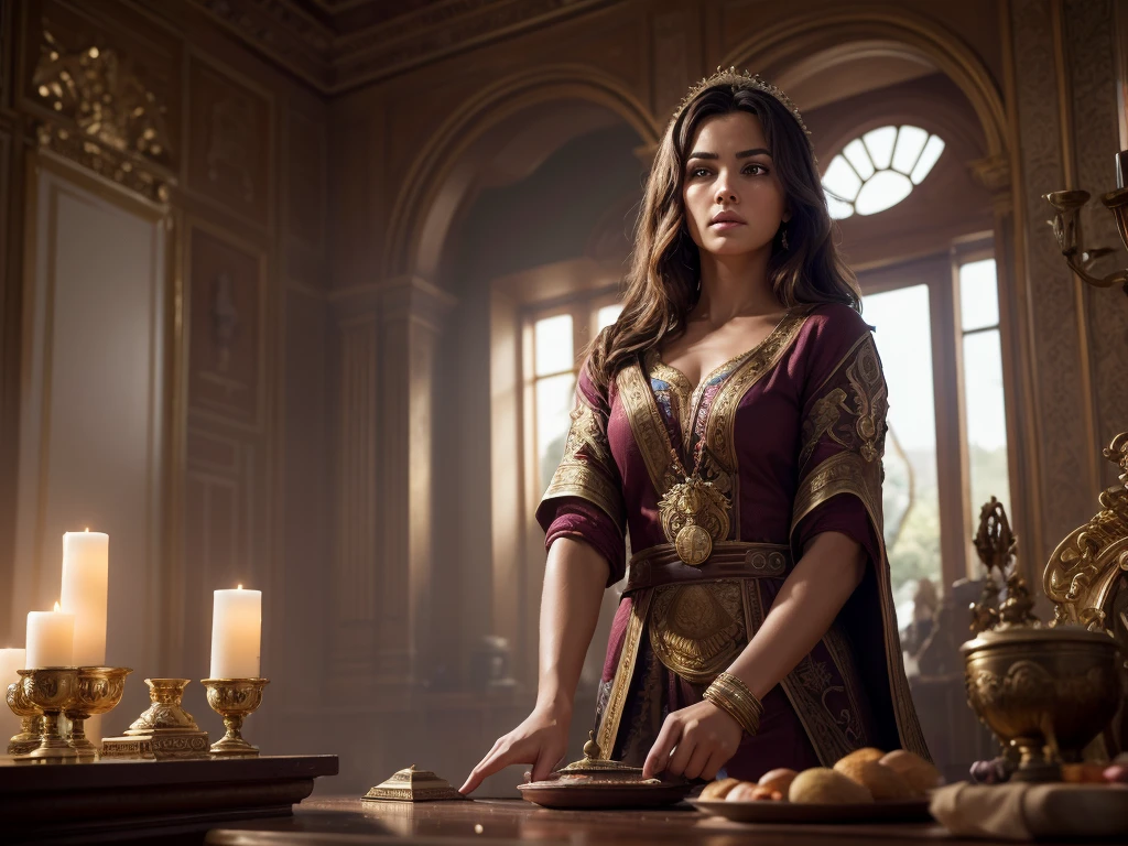 In the heart of an ancient villa, a woman is cleaning a house. Her expression is one of reverence and contemplation, adding a sense of mystery to the scene. This high-resolution painting captures the moment with exquisite realism, showcasing the woman's flowing robes and ethereal beauty. The composition is in biblical symbolism, inviting viewers to ponder the significance of the event. Ensure that the image depicts the thematic concept of lost coin story and is visually appealing and eye-catching. hyper detailed, dynamic color , wearing a tunic, super emotional image, Great quality and realistic image, the epic scene, hiper realistic, blockbuster, high detailed, , 4K photography, 50mm f/1.8 lens, high details, high face details, high hands details, perfect hands, soft illumination, high quality, natural light, stunning blockbuster background, dynamic angle