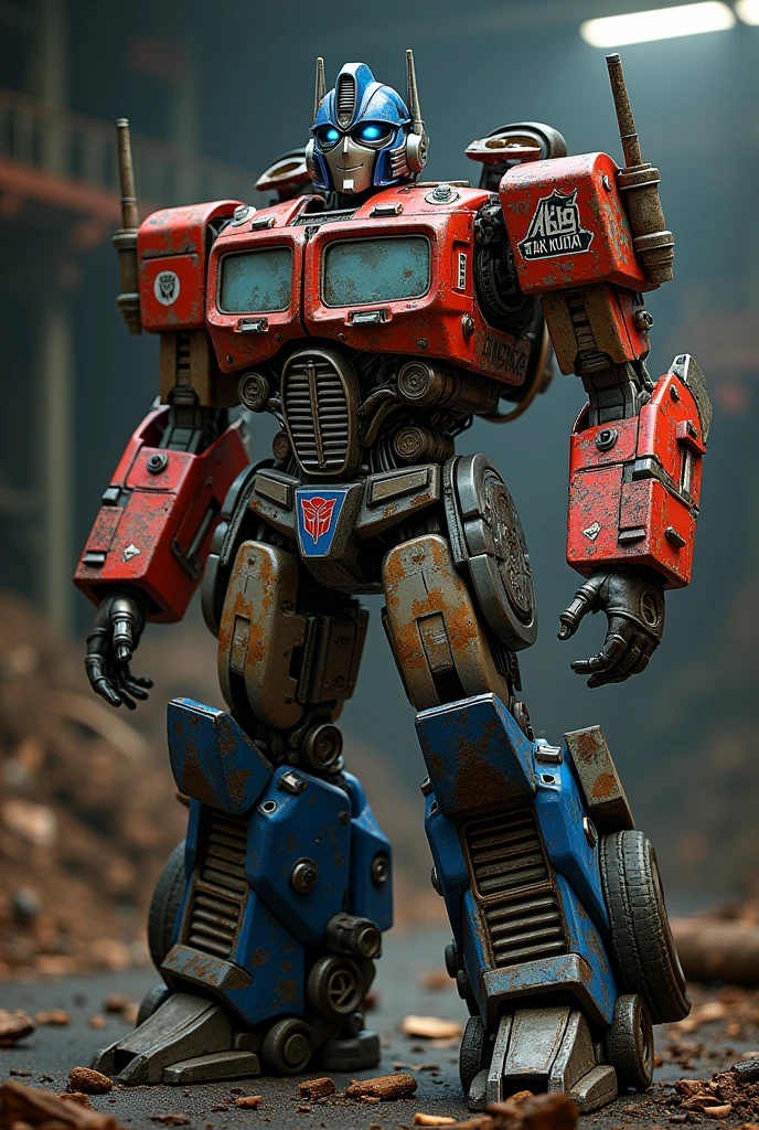 Optimus prime half body shoot.. lot of sticker on body. From Logging truck concept.logo sticker "Abg tak kuat".