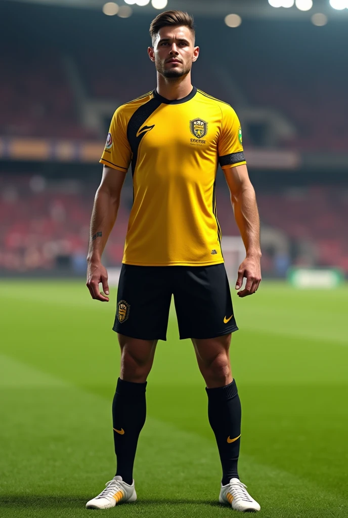 Soccer uniform, golden shirt with black details and black number in the chest , black short with golden details, black socks, no sponsors
