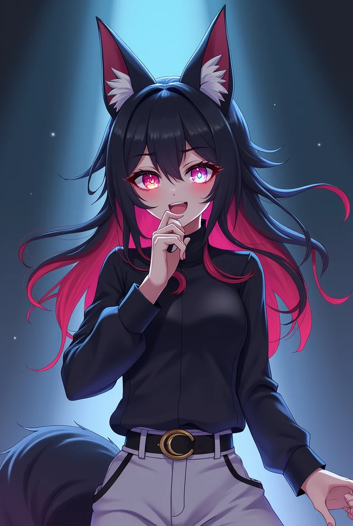 Female character is a wolf who has medium-long black hair with red, her right eye is wine red and the left one is white with a light blue star and a long-sleeved top and white pants with a black belt and she is singing