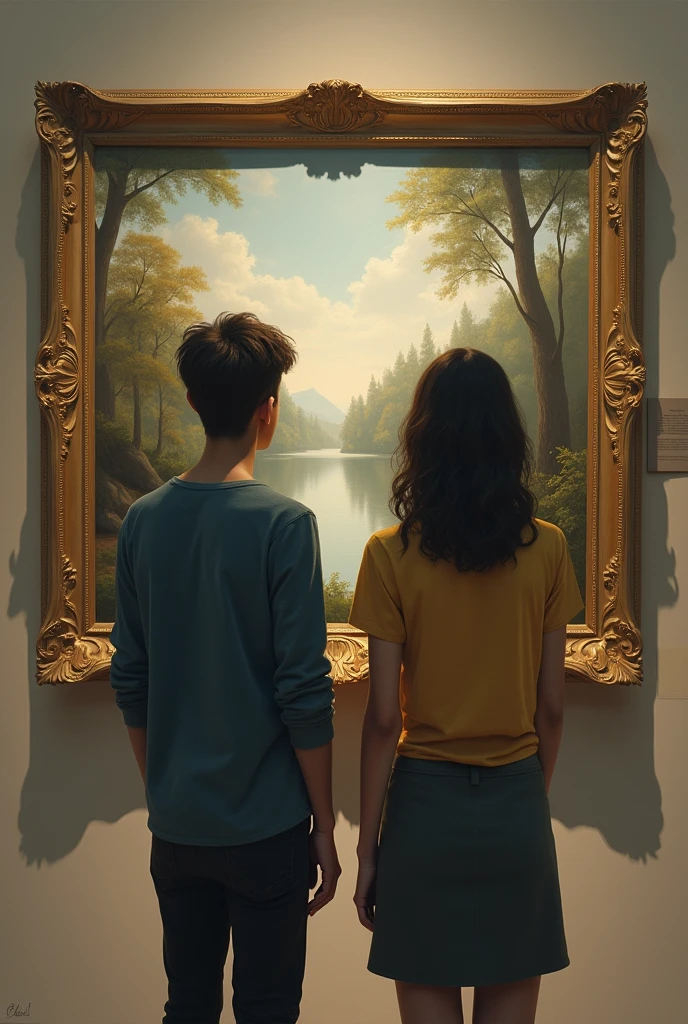 Two people with their backs turned looking at a painting in front of them showing a landscape, A person is sad when he sees the painting, and the other person is happy watching the same